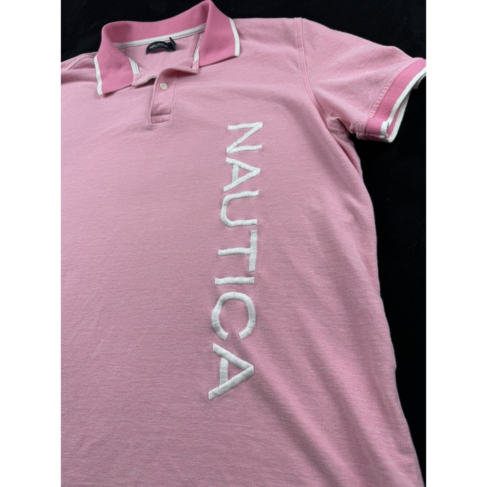 Nautica‎ Polo shirt Mens L Pink Embossed Lettering Breast Cancer Golf